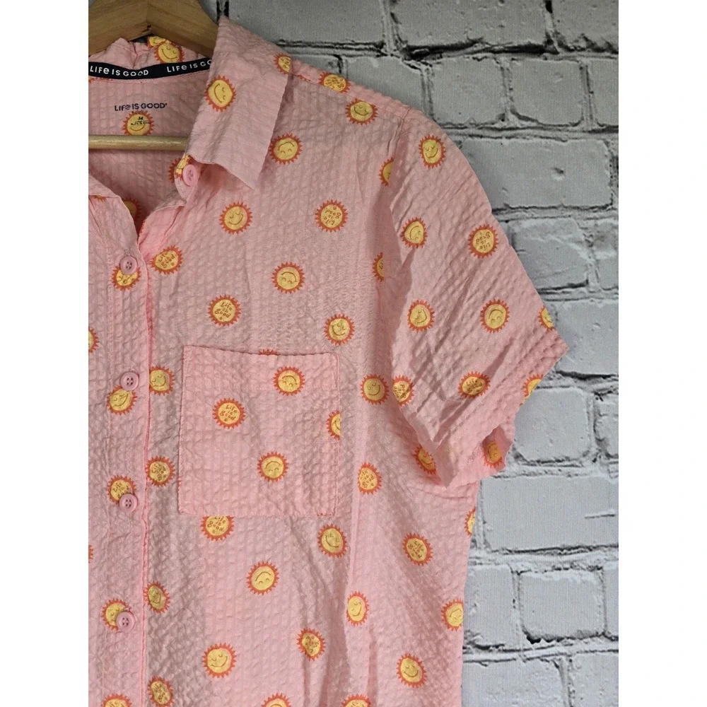 Life Is Good Sleep Cotton Blend Sunshine Smiling Sun Graphic Print Button Up Top - Picture 4 of 10